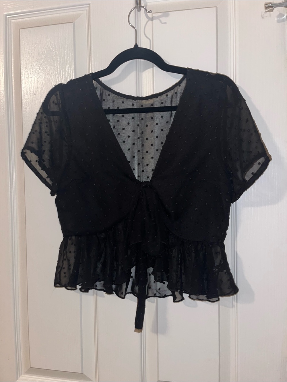 Black Sheer Tie-Front Ruffle Crop Top